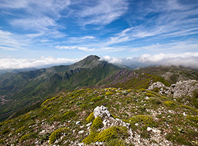 Panorama dalla cima del Monte Corno verso Ovest, sullo sfondo il Monte Sambucaro.