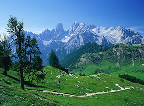 Lungo il sentiero che sale al Picco di Vallandro, sullo sfondo il Gruppo del Cristallo.