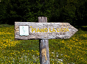 Palina segnaletica al bivio per Piano la Casa in Valle di Macchia Lunga.