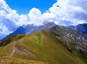 La facile cresta prativa che conduce alla cima di Monte Banditello.