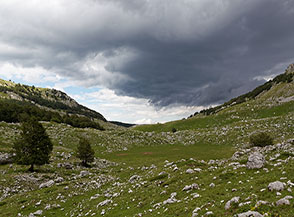 La prima grande conca prativa che s&rsquo;incontra scendendo in Valle Cupella.