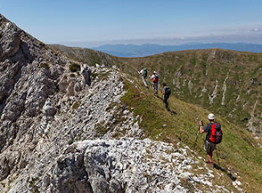 Sul filo della Cresta Nord di Cima Prato dei Sassi con la Sella di Vall&rsquo;Organo sullo sfondo.