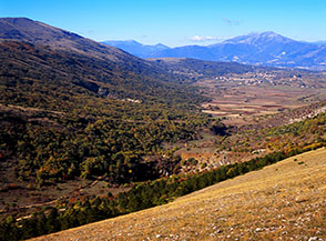 Sguardo sulla Valle di Roio, sul cui fondo distinguiamo la Canetra di Mezzo e da Piedi, mentre sul fianco sx la Fossa di Spedino.