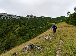 Sul ripido crinale prativo di Pra Longo che risale l&rsquo;arco vallivo de la Fricca.