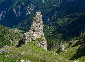 Uno dei bellissimi gendarmi di roccia che s&rsquo;incontrano nella Val Rossa, ai suoi piedi sta riposando un camoscio.