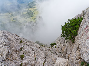 Nel canalino roccioso per Cima Baffelan con vista sui prati di Campogrosso.