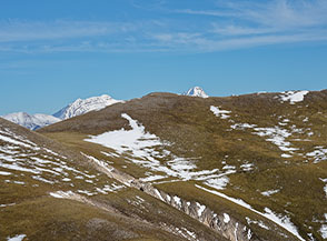 Il Monte Corvo ed il Corno Grande del Gran Sasso fanno capolino dietro la cresta del Monte Calvo.