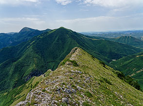 La sottile crestina prativa che conduce alla cima topografica del Corno del Catria.