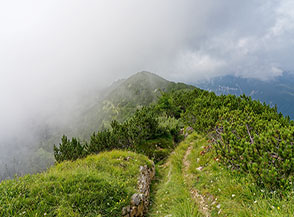 Sul filo di cresta di Monte Maggio tra residui di trincee militari della Grande Guerra.