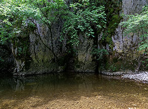 Entrati nelle gole la roccia stringe l&rsquo;alveo del fiume (Gole del Salto).