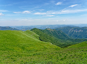 La dolce testata prativa del Fosso Mirandola sotto Cima Tauffi.