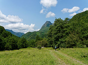 Sui prati di Carpinosa nella Valle di Abatemarco, sullo sfondo fa capolino una cima spettacolare: il Trincello.