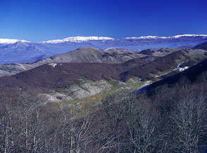 Il Campolungo dalla Cima di Vallevona, sullo sfondo la Majella innevata.