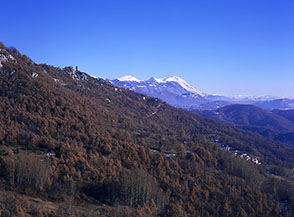 Da Piagge, sul profilo della montagna la torre della rocca di Fiamignano e sullo sfondo, imbiancato, il gruppo del Velino.