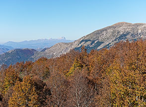 All&rsquo;orizzonte, inconfondibile, il Corno Grande apice del Gran Sasso (dalla Montagna di Preccia).