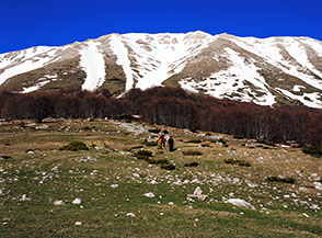 Di ritorno dalla Rava della Giumenta Bianca sui pendii sopra Fonte Fredda.