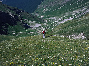 Scendendo sui ripidi pendii alla testata del Vallone di San Gabriele.