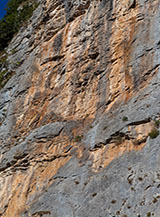 Particolare sull&rsquo;accesa colorazione della roccia alla falesia di Serra di Catena.