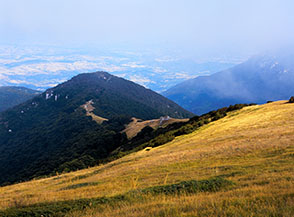 Il dolce pendio prativo che cala verso il Passo di Pietrocioppo.