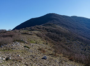 L&rsquo;ampia insellatura prativa che precede la boscosa Cresta Nord del Monte Cesima.