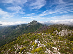 Panorama dalla cima del Monte Corno verso ovest, sullo sfondo il Monte Sambucaro.