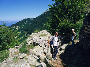 Un passaggio ricavato fra le rocce lungo il sentiero del Fosso di Prato Andolino.