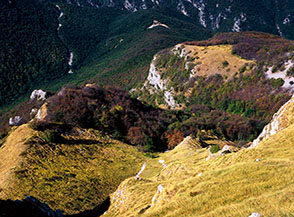 Vista sui dirupi prativi che sottendono la Punta Occidentale di Monte Foltrone.