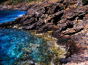 Acque turchesi e cristalline lambiscono le nere rocce vulcaniche di Ustica (Cala San Paolo).