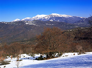 La catena della Laga bianca di neve vista dalle pendici settentrionali del Monte San Franco.