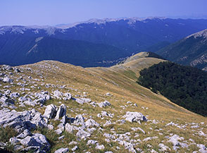 La nuda Cresta Ovest del Monte Schiena di Cavallo, sullo sfondo i monti di Villavallelonga.