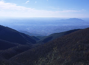 Vista sulla boscosa Valle Ariola e la Sabina, su cui si erge solitaria la sagoma del Soratte.