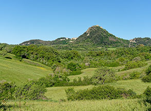 La Rocca di Tolfa emerge tra i campi verdi di primavera.