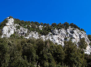 Bianche pareti punteggiate di lecci si affacciano su Valle della Vecchia.