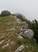 La caratteristica stratificazione rocciosa che s&rsquo;incontra lungo la Cresta Est di Monte Campo poco prima della cima.