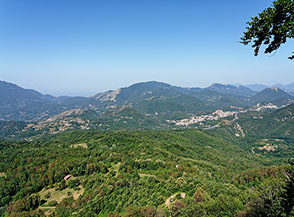 Vista su Lagonegro e la vallata del Fiume Noce dai boschi sopra la Madonna del Brusco.