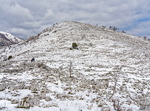 L&rsquo;ampia sella che separa il Monte Sorgenza dal Monte Vomero (di fronte).