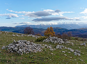 La catena della Majella compare all&rsquo;orizzonte mentre saliamo verso Colle Montone.