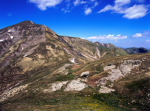 In vista della Forca (prima chiazza di neve): ampio valico prativo che precede la salita a Pizzo di Sevo.