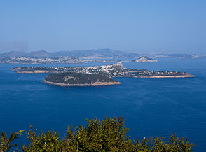 Panorama dalla Torre di Sopra di Piano Liguori: in primo piano Vivara, poi Procida, infine Capo Miseno, il Golfo di Pozzuoli e i Campi Flegrei.