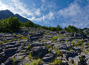 Caratteristica costa rocciosa ai piedi del versante settentrionale della Pania Secca.