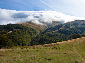 Sui prati di Macchie Piane con il Pizzo di Sevo nascosto fra le nuvole.