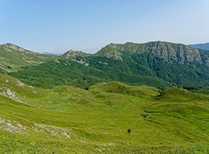 La conca alpina sotto Foce di Campolino incorniciata dai monti (da sx): Alpe Tre Potenze, Dente della Vecchia, la Fariola e Monte Gomito.