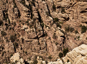 Scorcio su aspre formazioni rocciose lungo il Dana Village Trail.