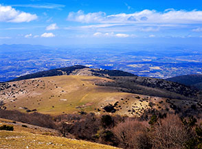 Vista sul grande colle prativo de i Prati, scendendo dalla Cresta Ovest del Torre Maggiore.