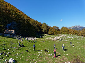In ordine sparso sui verdi prati antistanti il Rifugio Valle Lattara.