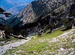 Vista verso Valle Piana dal ripido canalone alla testata della valle.