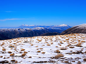 Dalla piatta sommit&agrave; di Serra Sparvera i gruppi del Velino e del Sirente solcano l&rsquo;orizzonte.