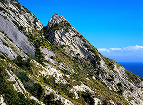 Il selvaggio e assolato paesaggio ai piedi del Grande Scivolo (placche di maiolica) sul fianco orientale del Monte Conero.