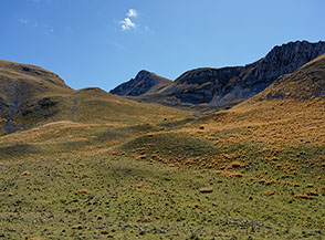 Scorcio autunnale sui prati sopra il Lago Pantaniello con il Monte Greco sullo sfondo.